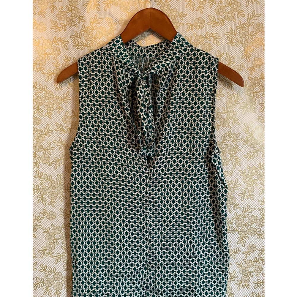 H&M- Patterned Green & White Blouse with Tie Front